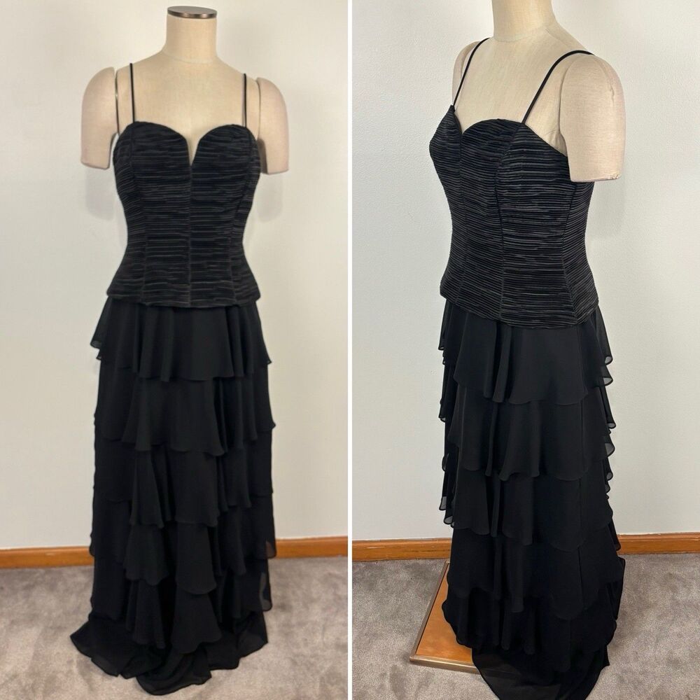 VTG Y2K Cachet Black Tiered Evening Gown Dress 10 Strapless Corset Formal Stain